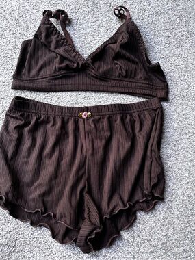 Women's Small Brown Lace-Trim Bralette & Shorts Sleep Set